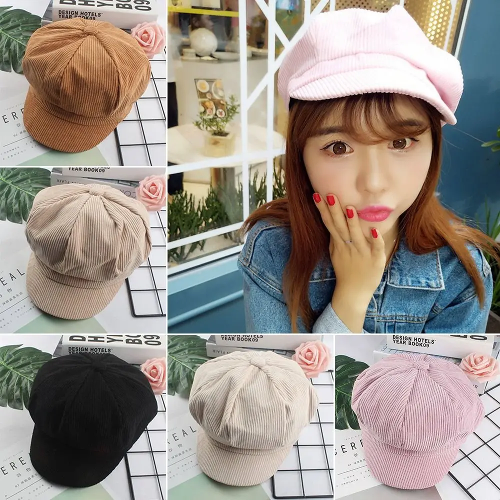 

Casual Vintage Corduroy Baseball Caps Keep Warm Beret Newspaper Hat Windproof Autumn Winter Sun Cap for Women Girls