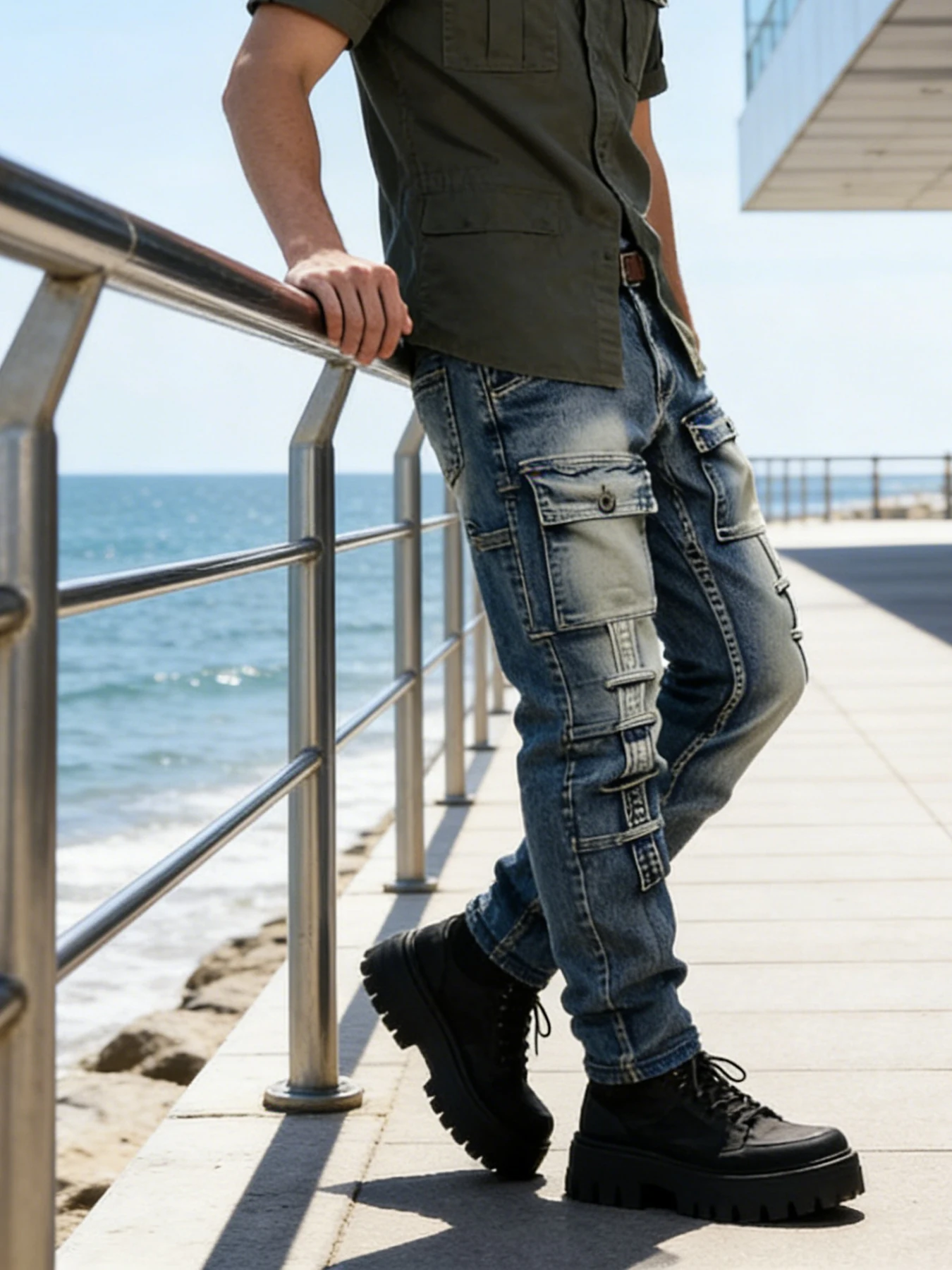 American-style high street heavy-duty multi-pocket lace-up distressed slim-fit jeans for men, biker style, trendy long pants