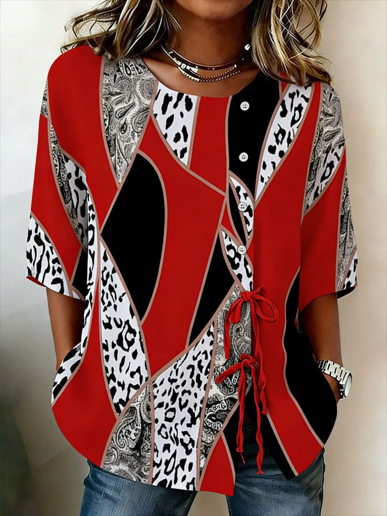 Women's Spring Summer 3D Printed Button Front Drawstring Trendy Patch Blouse, Red Black Geometric Leopard Paisley Print Top
