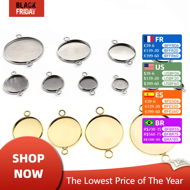 20pcs Stainless Steel Cabochon Necklace Connector Setting Gold 6 8 10 12 25 30 mm Bracelet Pendants Tray For Diy Jewelry Making