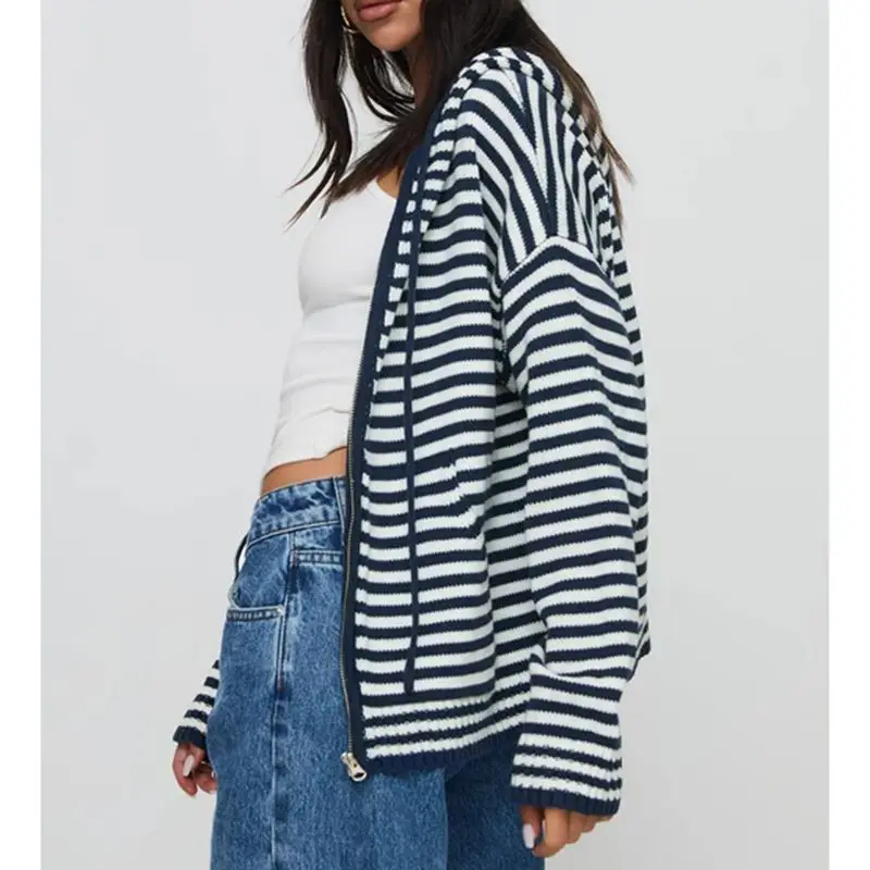 

Women Y2k Aesthetic Striped Contrast Color Knit Coats Hooded Sweatshirt Long Sleeve Zip Up Drawstring Knitwear Jacket