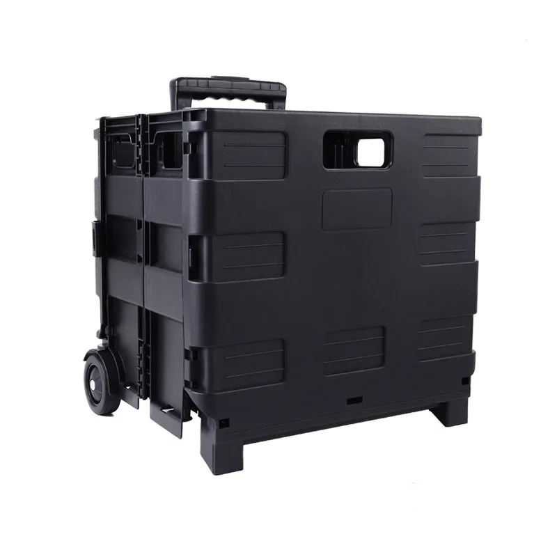 Lightweight Foldable Plastic Rolling Shopping Trolley Cart With Telescopic Handle Portable Collapsible Storage Crate Cart