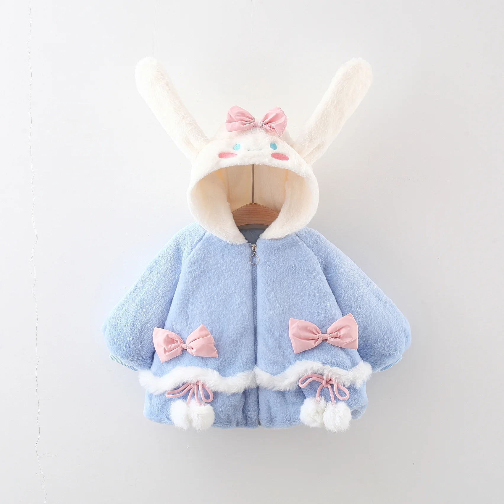Winter new girls\' plush thick warm coat solid color bow ball cute rabbit ear hooded sweater