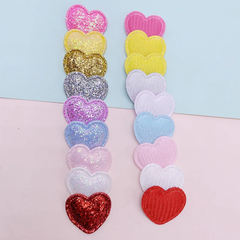 100Pcs 2.5CM Shiny Fabric Heart Padded Applique Patches For Clothes Hat Crafts Sewing Supplies DIY Headwear Accessories