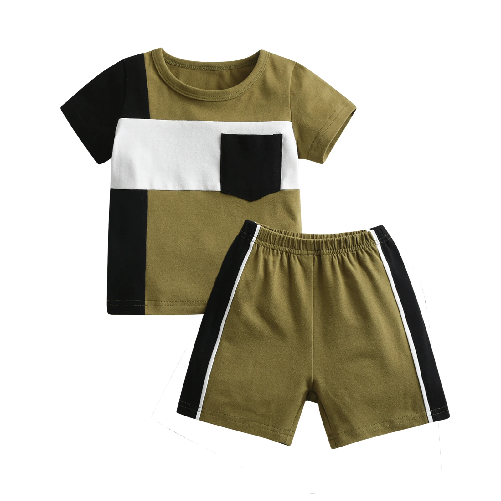 Fashion Toddler Baby Boys 2pcs Clothes Set Thin Cotton Short Sleeve T-shirt Top with Pocket and Short Pants Outfit Set