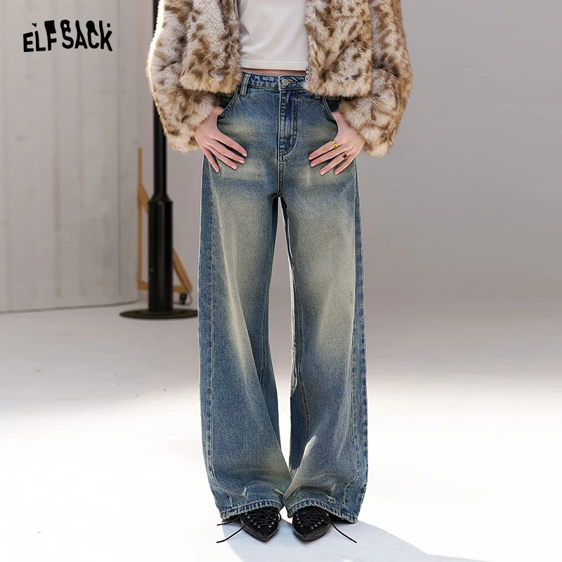 ELFSACK Women's Loose Fit Jeans with Vintage Distressed Wash, Casual Denim Pants with Adjustable Waist, Street Style Baggy Trous
