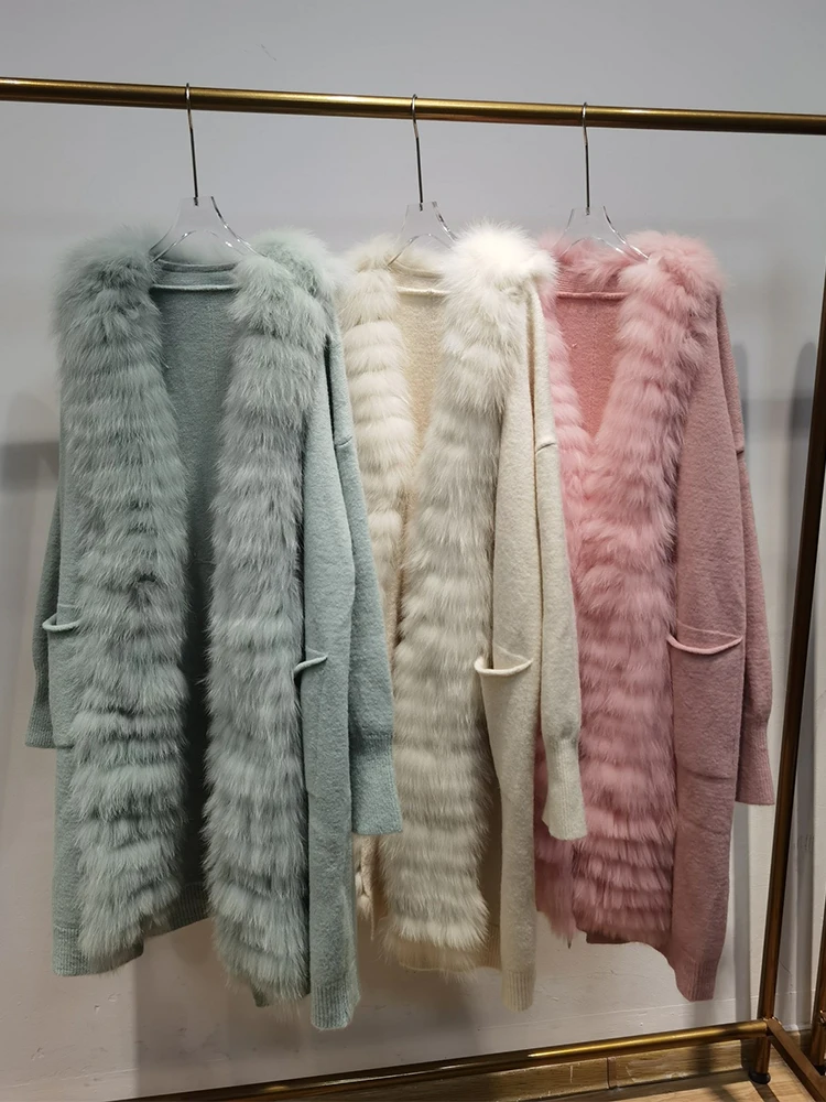 2024 New Real fur,High Quality Luxury Real Fox Fur Collar Long Cashmere Blend Sweater Cardigan For Women Loose OverSize Fur Knit