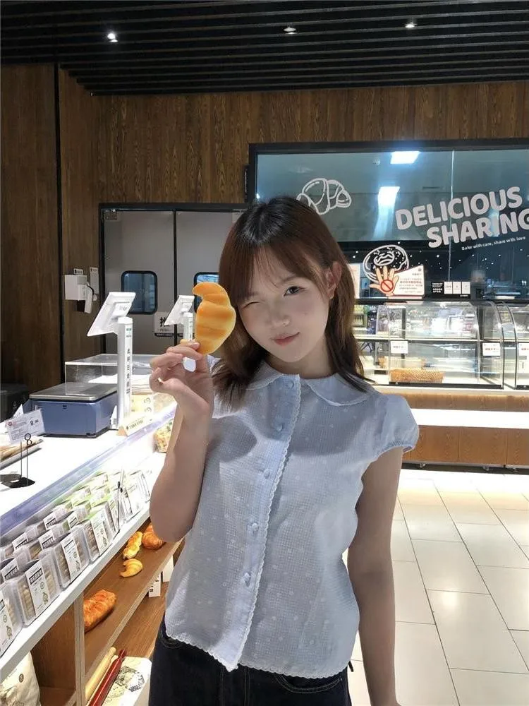 

Sweet Lace Splice Floral Short Sleeve Women's Shirt Summer 2026 New Waist Cinched Doll Collar Anti-Aging Top Korean Style Com...