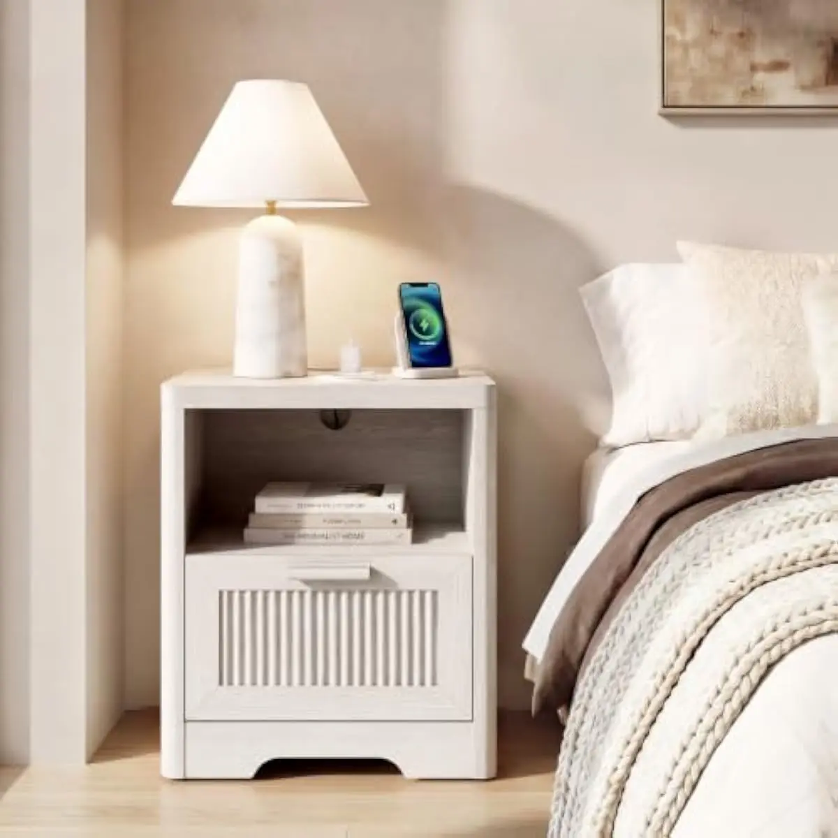 Nightstand Pair Featuring Integrated Power Hub 2 AC Outlets 1 USB C 1 USB A 154 D x 197 W x 228 H Inches Engineered Wood Whitewa