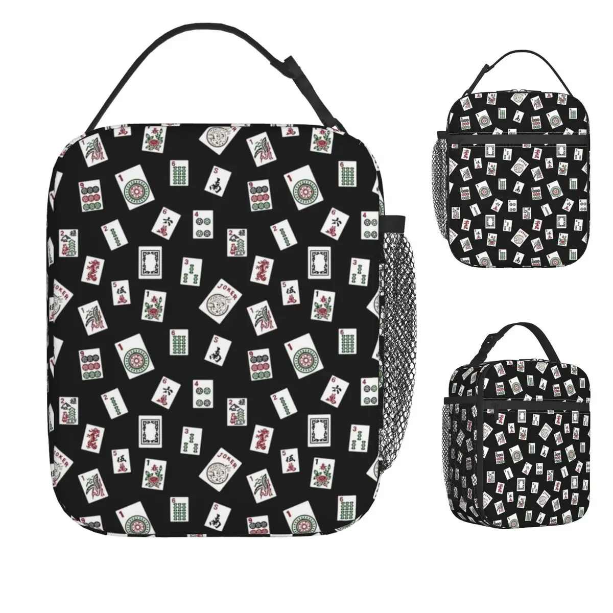 

Черная сумка для обеда в стиле маджонг, забавная 3D-печать, кавайная коробка для завтрака для портативной сумки-холодильника на молнии, графическая термосумка-тоут