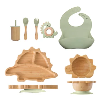 TeWindsor-Dinosaure en bois de bambou pour enfants, QuePlate, Britware Tool, Bébé, Ensemble en silicone sans BPA, Fournitures d'alimentation pour bébés