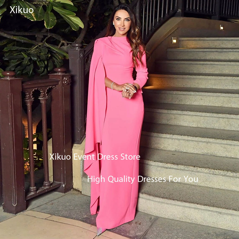 

Dianruo Cape Style Asymmetrical Evening Dresses Long Mermaid Vestidos Elegantes Satin High Neck Wedding Party Dress Customized