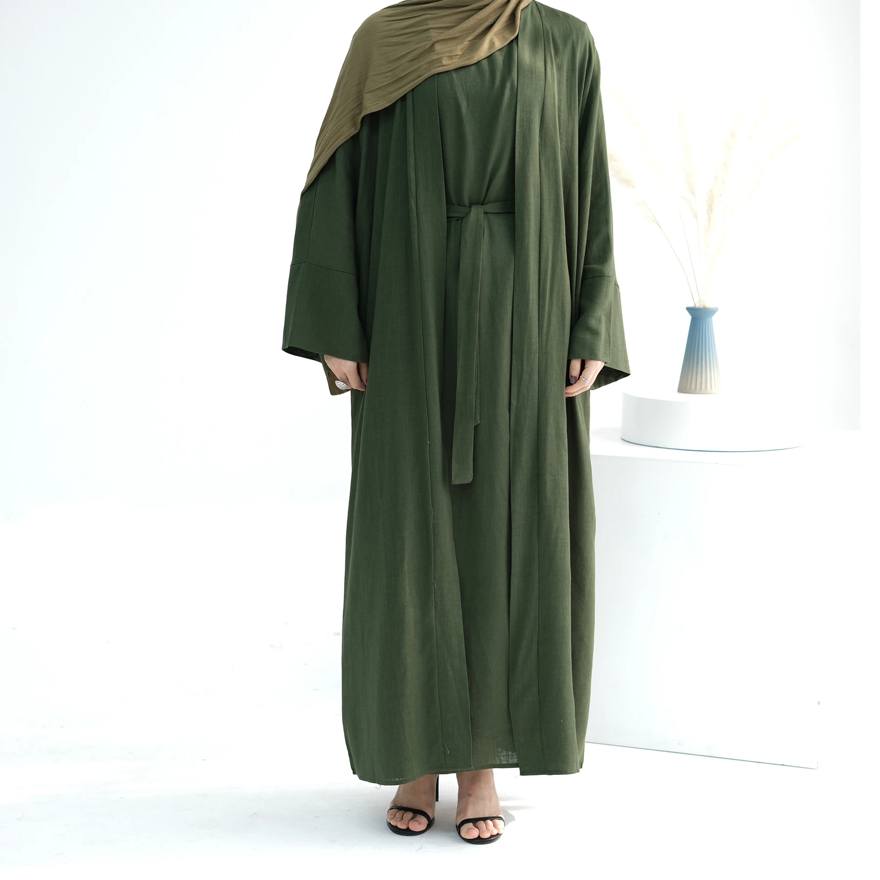 Eid Ramadan Open Abaya for Women Plain Dubai Causal Cotton Linen Modest Abayas Kimono Turkey Muslim Coat Islamic Clothing Robe