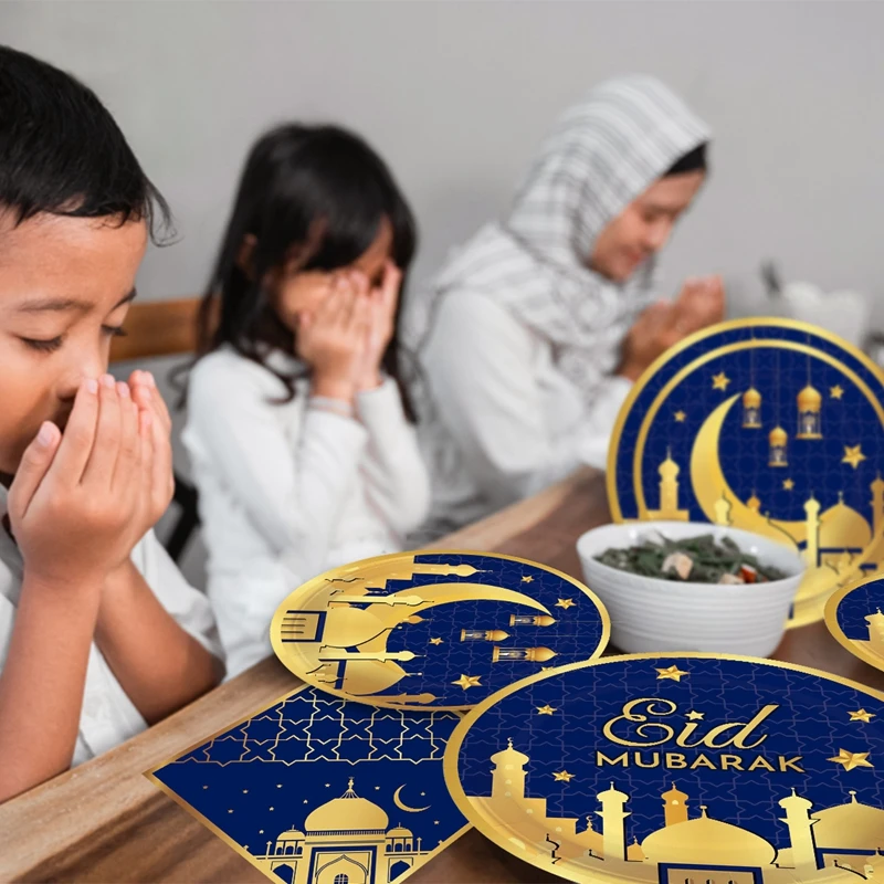 عيد مبارك أدوات مائدة لمهرجان رمضان والقمر ، أكواب للاستعمال مرة واحدة ، أطباق ، مناديل ، ديكورات استحمام الطفل ، حفلة إسلامية ، أزرق ، ذهبي #4