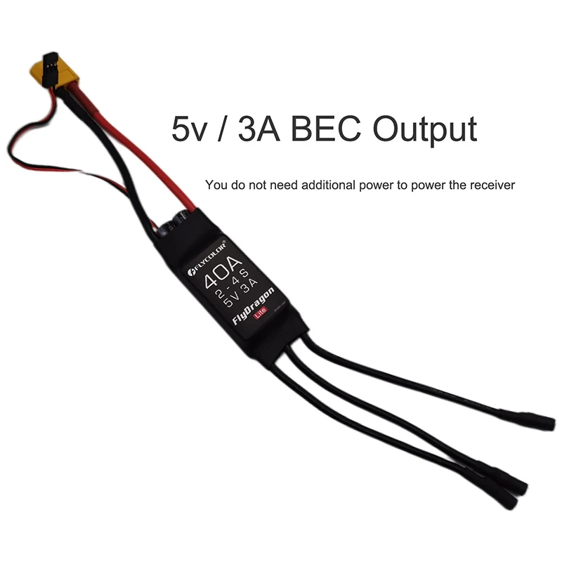 Flycolor 40A ESC 2-4S Electric Speed Controller 5v 3A BEC with XT60 & 3.5mm Bullet Plugs for RC Drone Airplane Brushless Motors