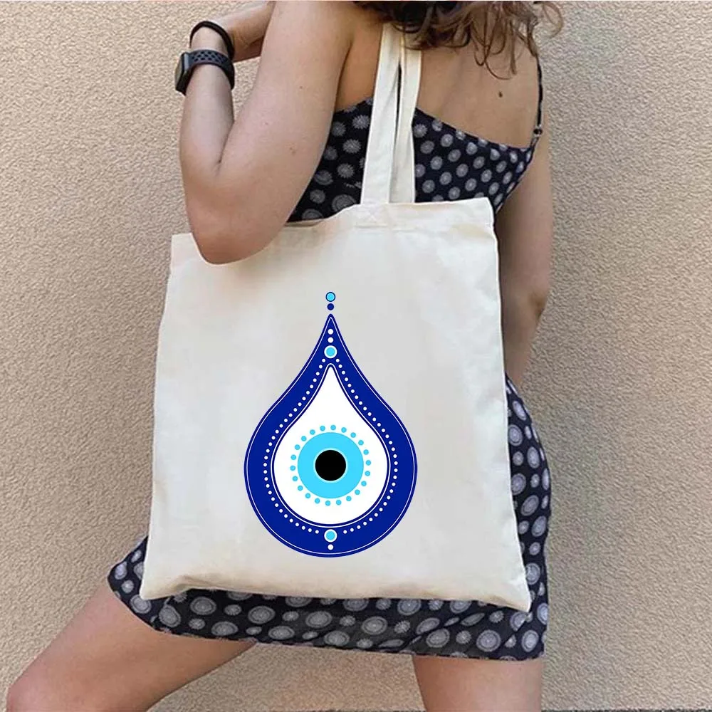 Greek Turkish Colorful Nazar Blue Evil Eye Hamsa Hand Girl Shopper Canvas Tote Bag Amulet GREECE Shoulder Cotton Female Handbags