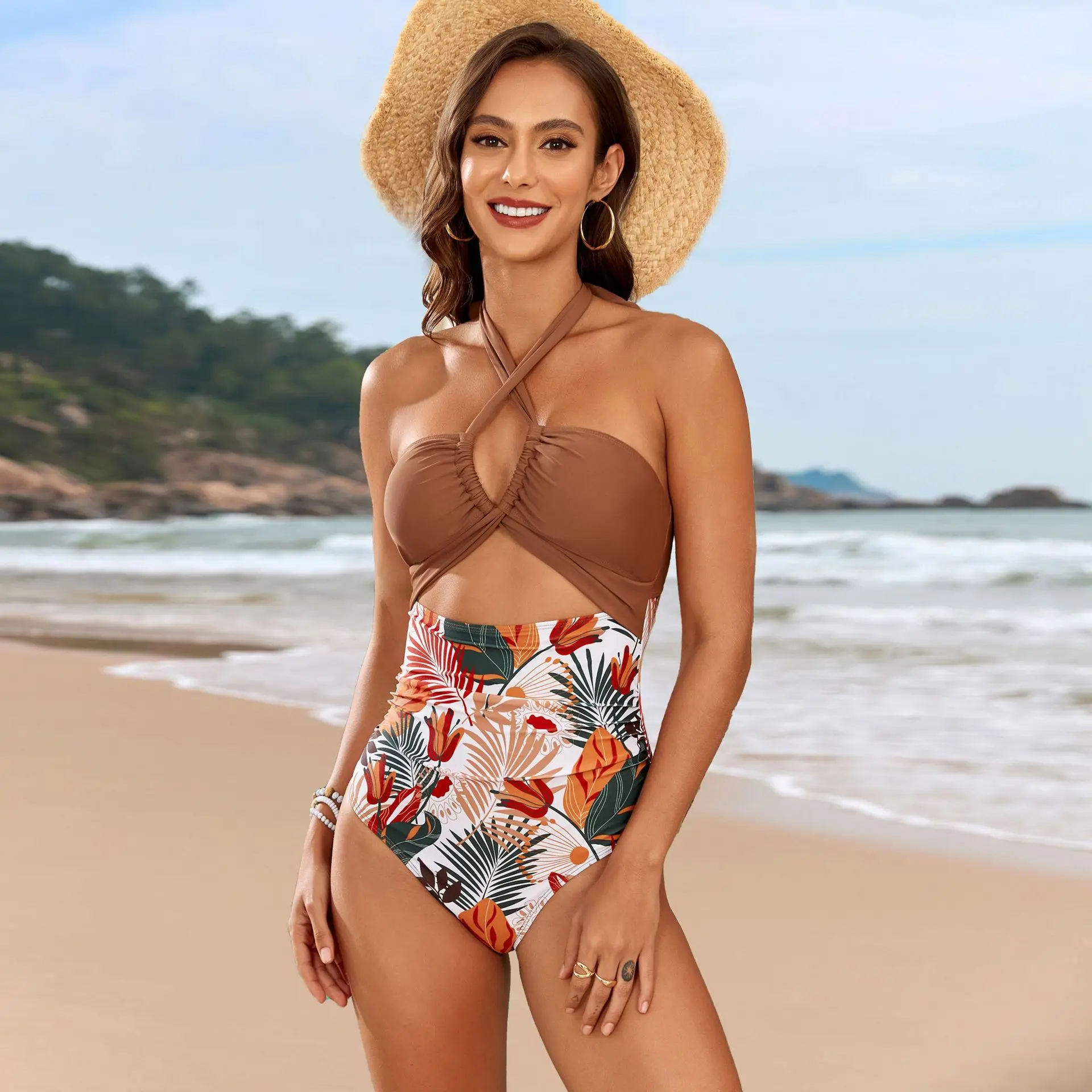 2026 Traje de baño de una pieza con lazo frontal para mujer, conjunto de 2 piezas, Monokini con cuello Halter, corsé transfronterizo de verano, mono, falda superior, cubierta, nuevo