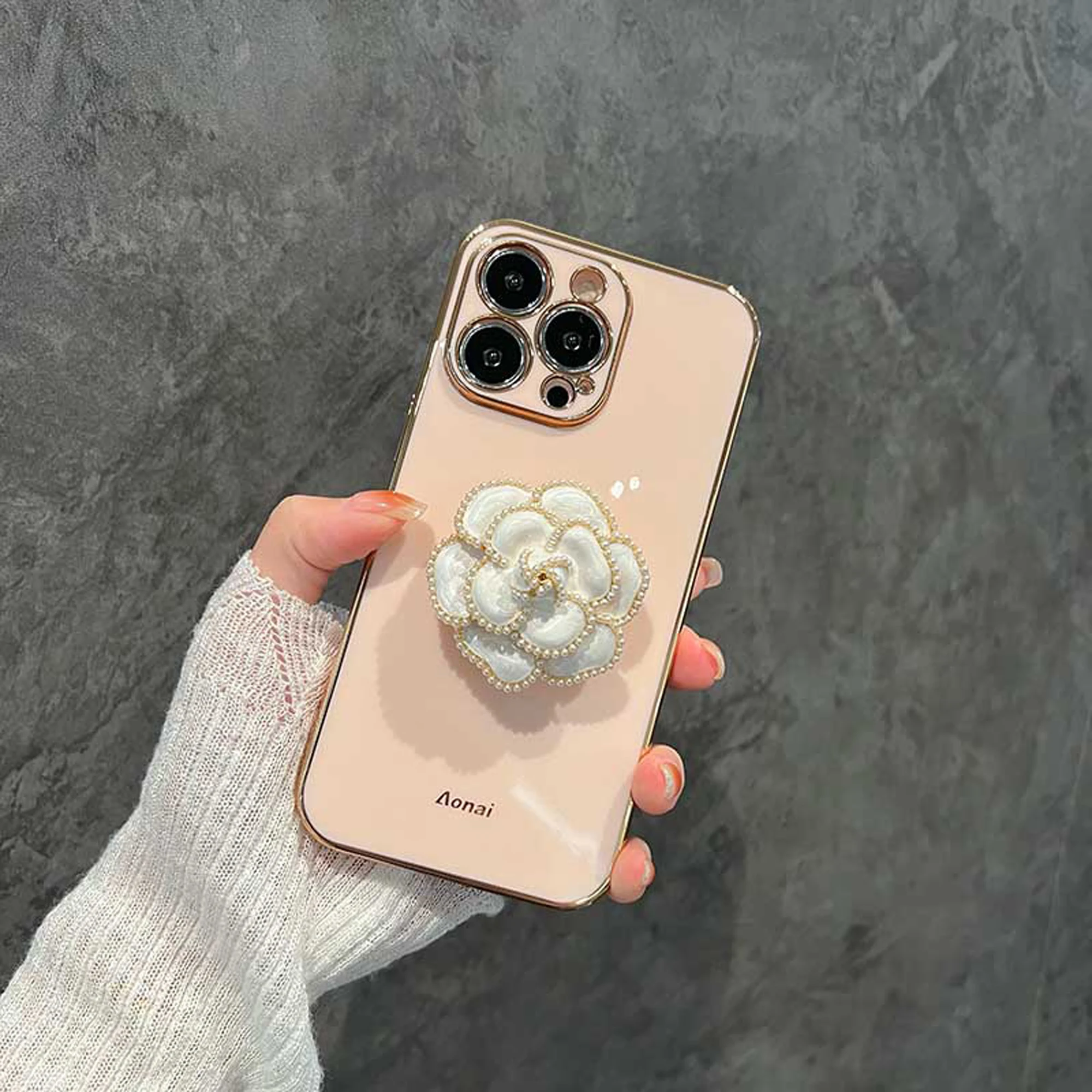 Stylish Camellia Bracket Phone Case For iPhone 15 14 13 12 11 Pro Max All-Inclusive Drop Proof Cartoon Girl Cute Phone Case