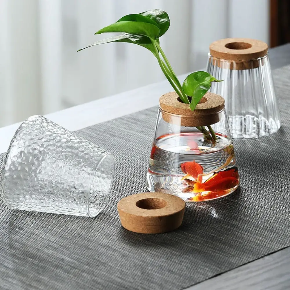 Glass Material Glass Planter Wooden Base Tabletop Design Water Cultivation Vase Modern Thick Vase Rack Office Decoration