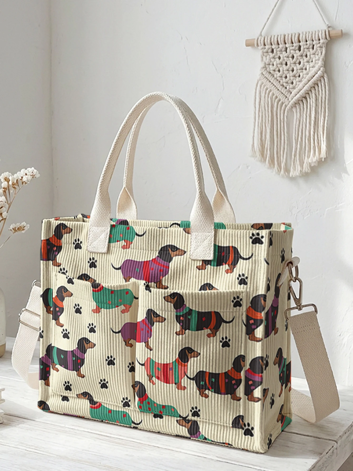 Cute Dachshund Print Corduroy Tote Bag Large Capacity Multi Pocket Dog Lover Commuter Shoulder Bag