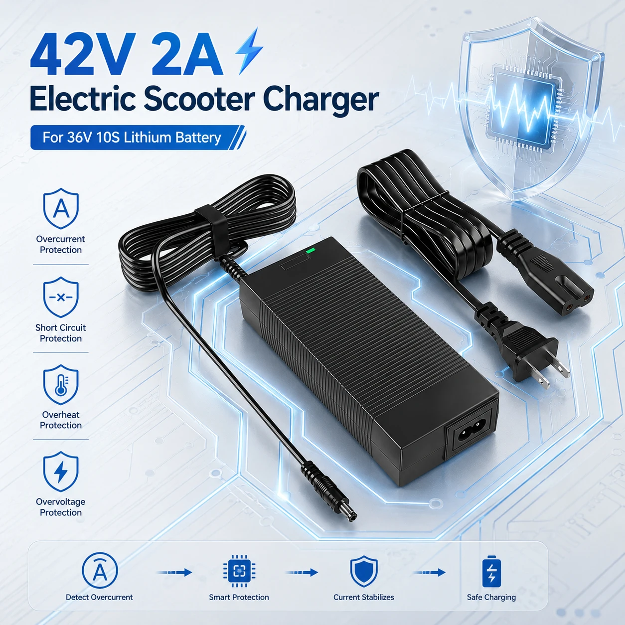 42V 2A 5A Universal Electric Bike Charger 1 Prong for 36V 10S Lithium Battery Compatible with Most Brands with 5.5mm DC Plug