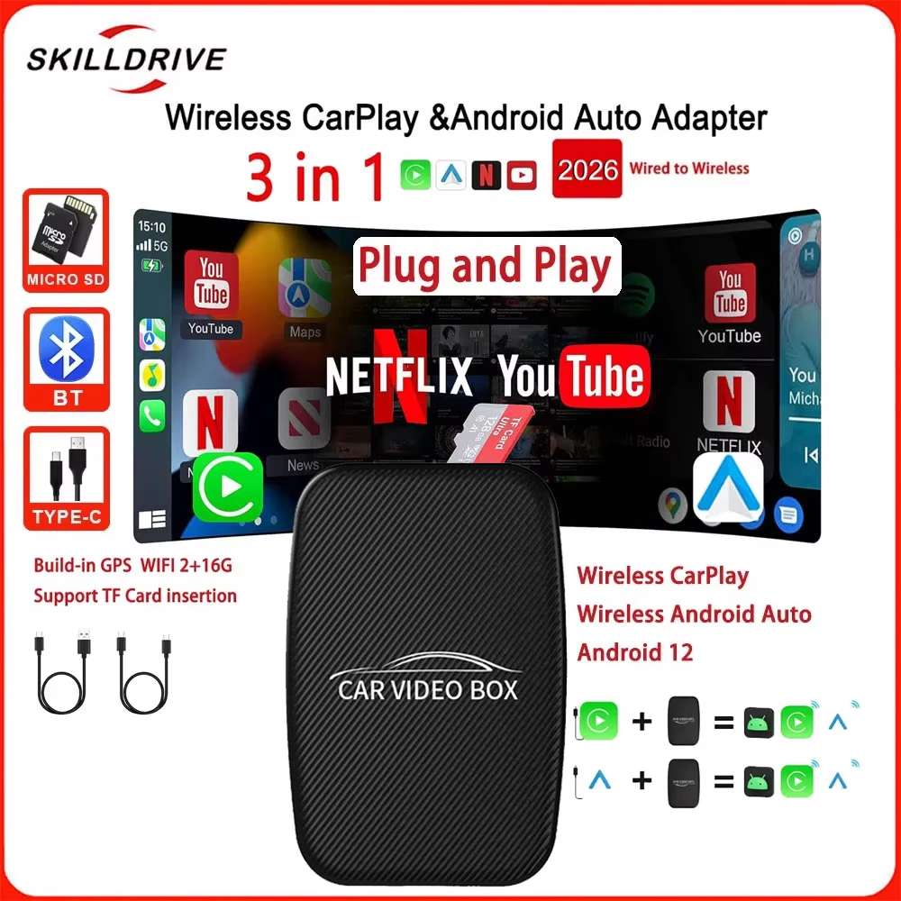 

SKILLDRIVE 3 в 1: Беспроводной CarPlay, Android Auto, поддержка потокового видео YouTube и Netflix, Google Play Store, CarPlay Video Ai Box
