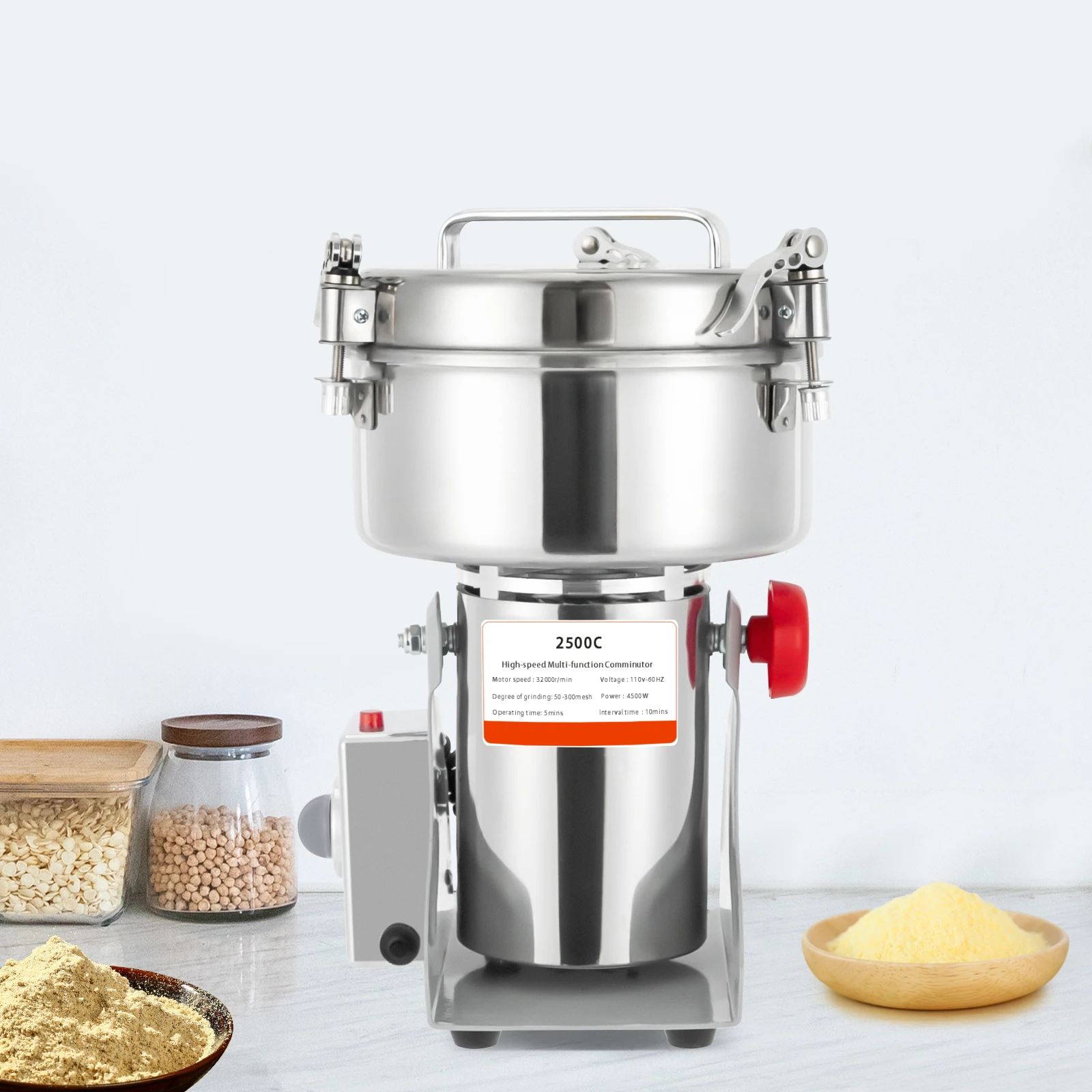 

2500g/5.51 Lbs Silver Durable Electric Grain Mill Reliable Grain Mill for Grains Spices Coffee Beans