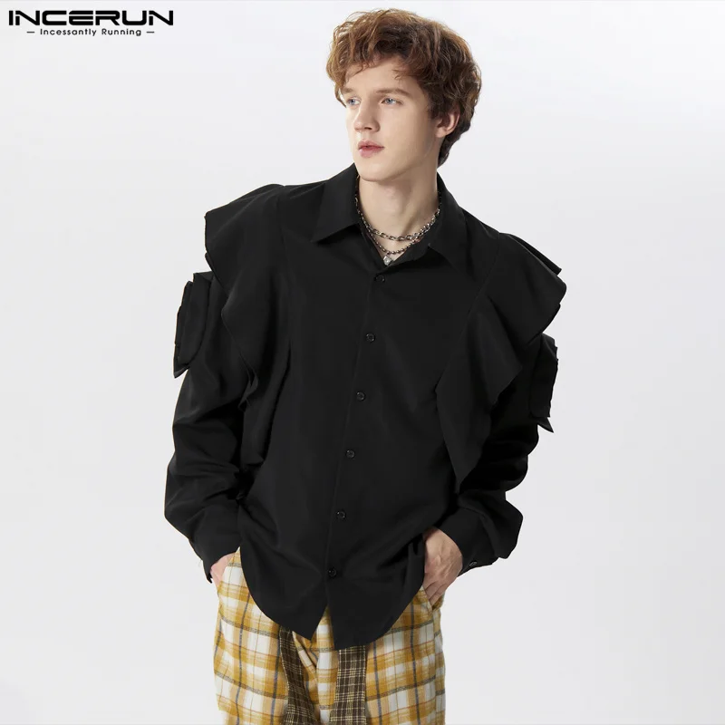 INCERUN 2024 Men\'s Shirt Solid Color Lapel Long Sleeve Ruffle Casual Men Clothing Streetwear Loose Elegant Fashion Camisas S-5XL