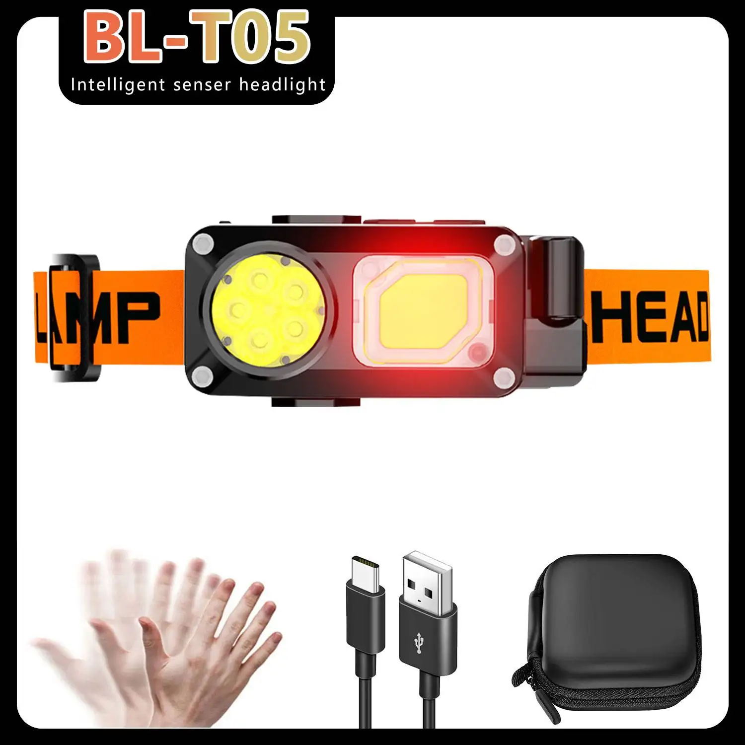 COB-LED-Scheinwerfer, Induktions-Stirnlampe mit winkelverstellbarem 7-Beleuchtungsmodi, wiederaufladbarer magnetischer Sensor-Stirnlampe für den Außenbereich
