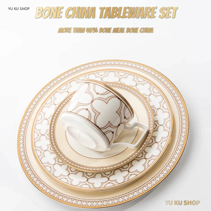 

Premium Tableware Set Bone China Plate Creative Gold Inlay Dinner Dinnerware Set Home Dish Western Plate Ceramic Bowl Cup Spoon