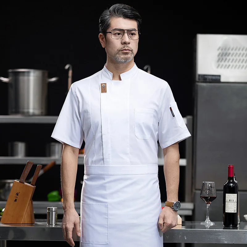 

Униформа шеф-повара с косым воротником, короткий рукав, мужская одежда для ресторанов, кейтеринга, кухни, выпечки, летняя одежда
