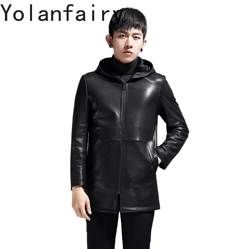 

YOLANFAIRY High Quality Real Goatskin Leather Jacket Men Hooded Casual Genuine Leather Jackets Mid-length Men's Trench Coat 2025