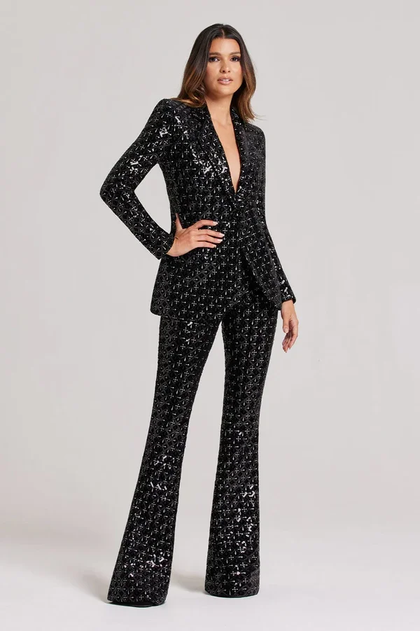 GORAFASHION Black Sexy Two Piece Set Club Wear Luxury Spring Set Sequin Formal Fashion V Neck Blazer And Pant