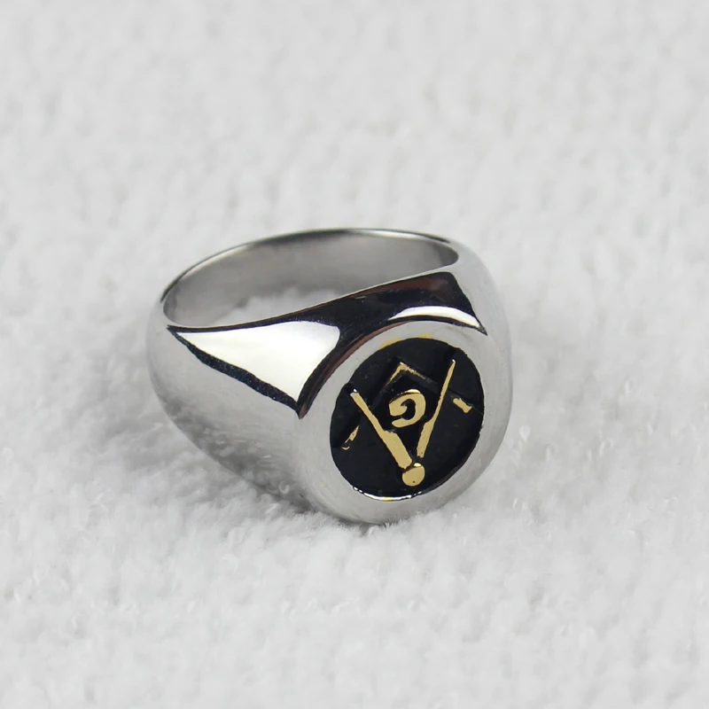 Mens Silver&Gold Color Embossed Stamped Freemason Stainless Steel Masonic Ring Freemasonry Jewelry