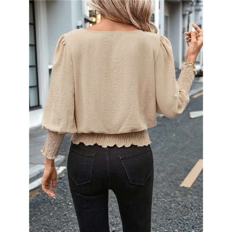 

CGS-Women's 3/4 Sleeve Round Neck Blouses Elastic Waist Hem Smocked Shirts Casual Solid Tops