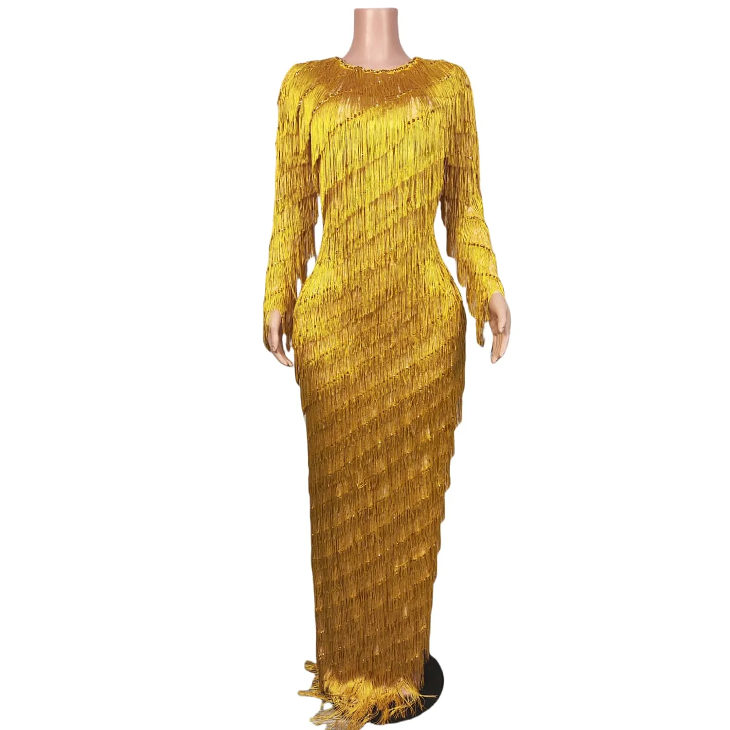 Changxiutitian Luxury Golden Fringe Tassel Maxi Dress Long Sleeve Bodycon Evening Gown For Women Club Prom Performance