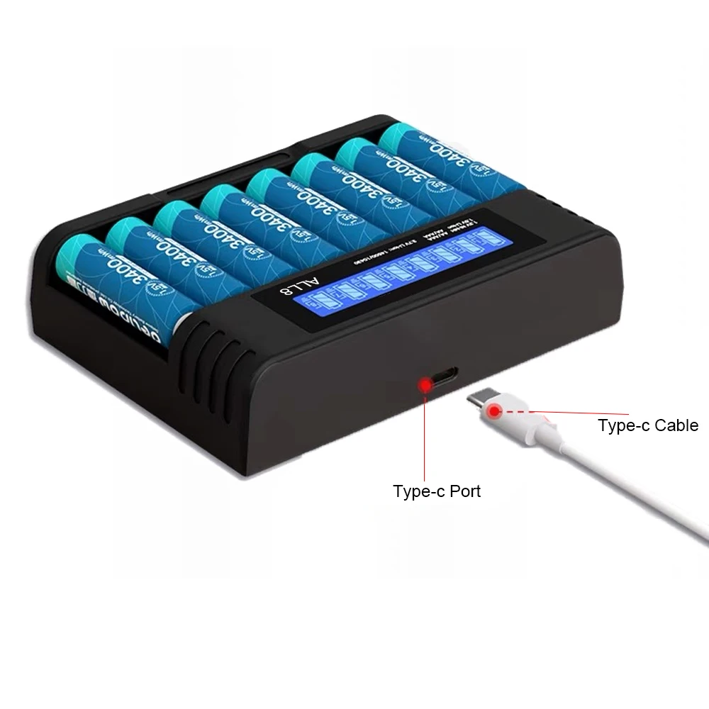 Intelligent Smart battery charger LED display, 8-slot lithium battery charger, for 1.5V 3.7V AA/AAA NiMH