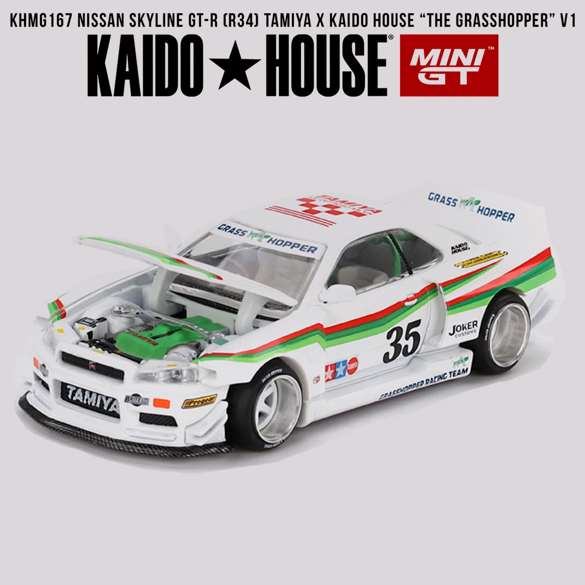 In Stock Kaido House x Mini GT KHMG167 1:64 Skyline GT-R R34 Tamiya The Grasshopper V1 Diecast Collectible Model Car