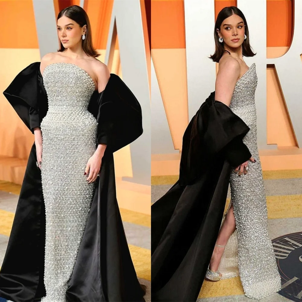 

Customized Sparkly Satin Celebrity Gowns Elegant Strapless Shawl Evening Dress Exquisite Court Train Special Occasion Gowns