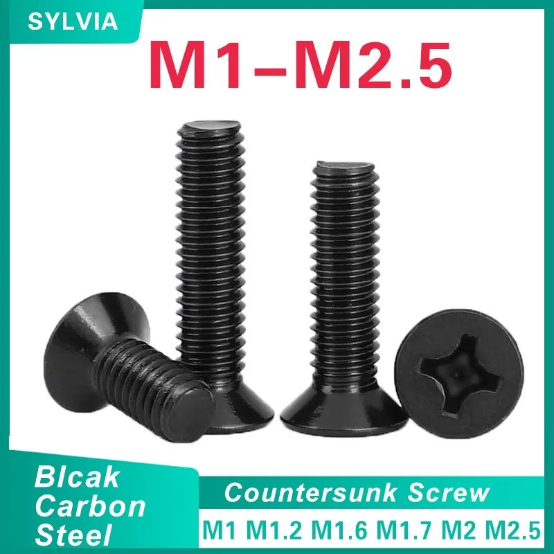 50/ 100pcs M1 M1.2 M1.4 M1.6 M1.7 M2 M2.5 Mini Small Black Steel Cross Phillips Flat Head Countersunk Head Screw
