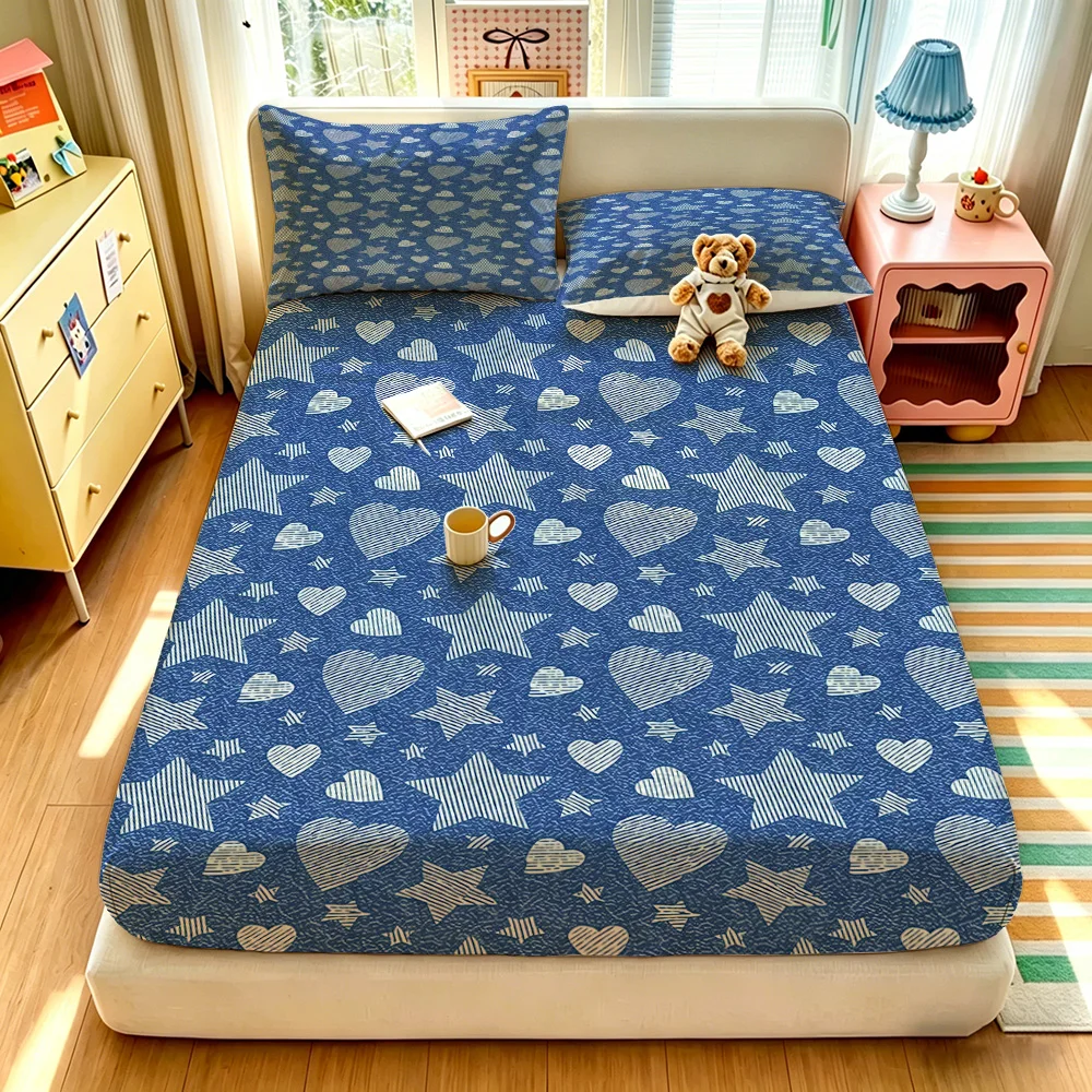 3pcs(1 duvet cover + 2 pillowcases, coreless)blue base and star-heart patterned fabric suitable for multiple sizes bedding se