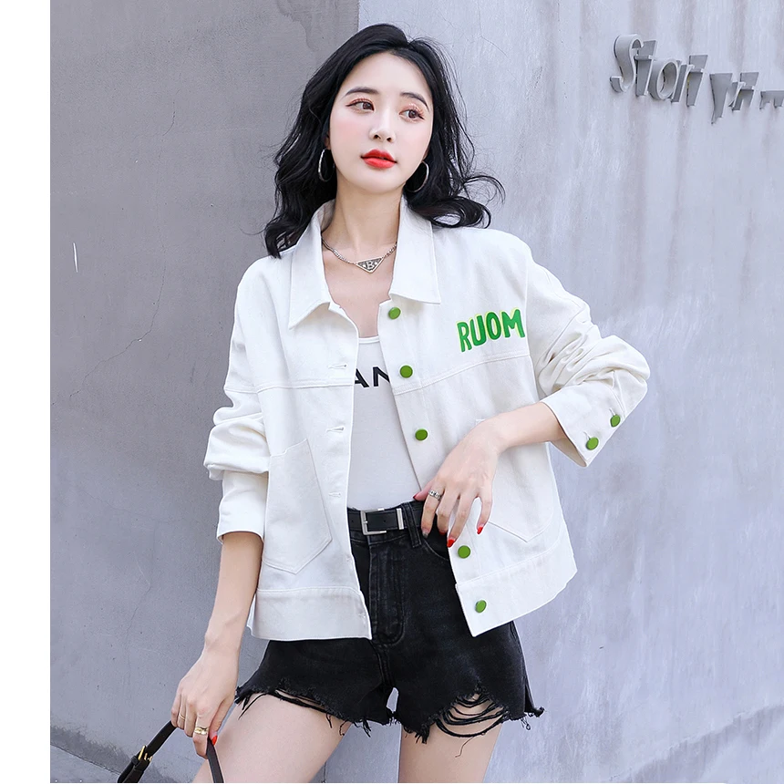 

Vangull Fashion Print Short Denim Jackets Women Single Breasted White Loose Turn-down Collar Long Sleeve Ladies Street Jean Coat