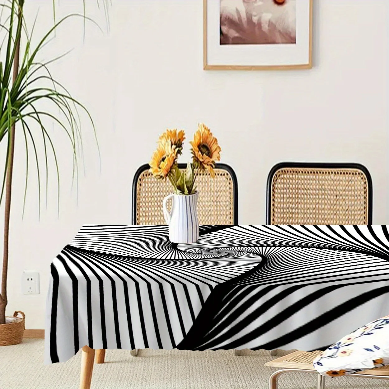 Single piece, polyester material, featuring an artistic theme of retro black and white rotating geometric patternszyc