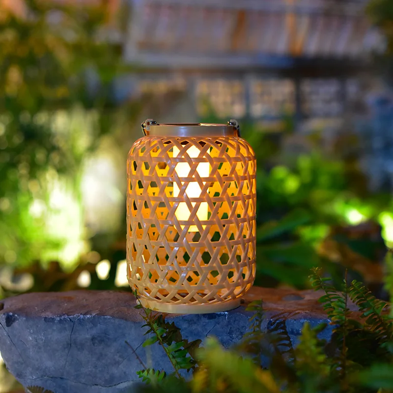 New Solar Garden Decorative Lamp Imitation Bamboo Lantern Chinese Style Outdoor Waterproof Garden Decorative Rattan Lamp