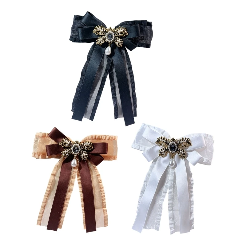 Q39C Decorative Collar Brooch with Metal Centerpiece and Gauze Ribbon Stage Bows Tie