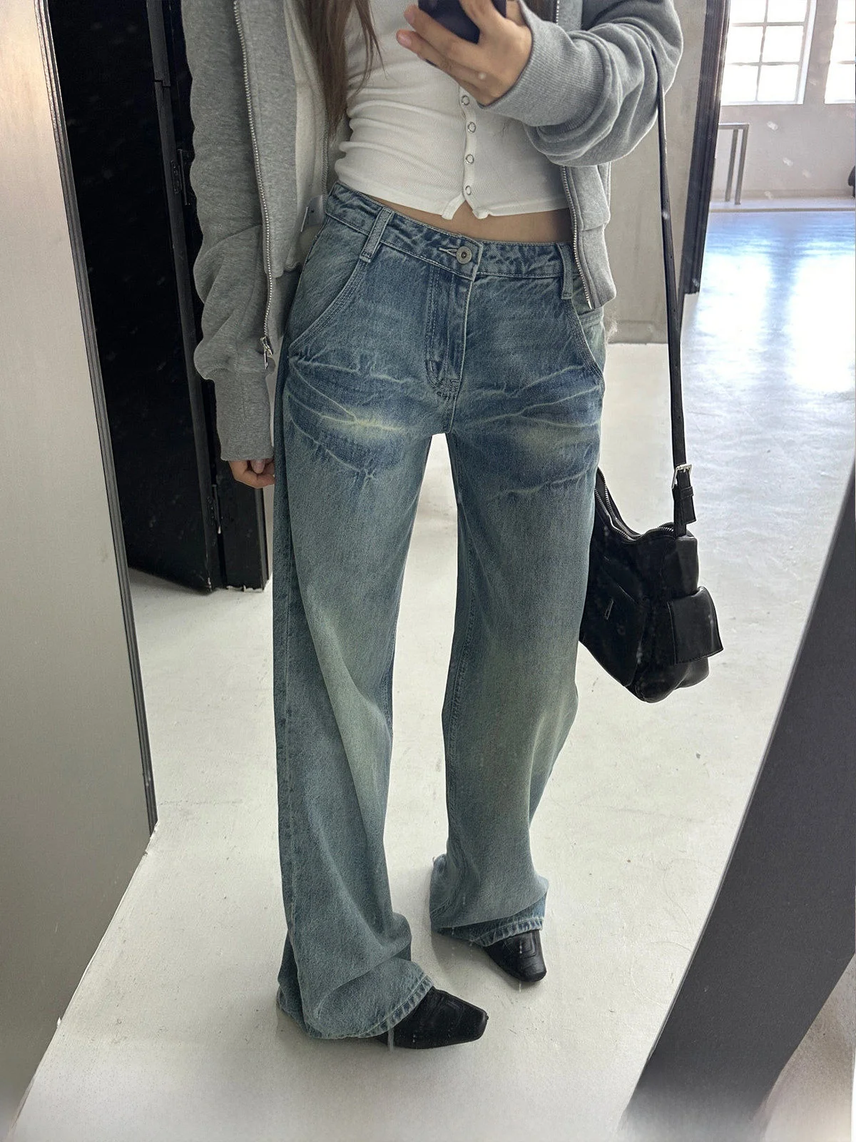 Vaqueros anchos de mujer azul claro, estilo peto, de cintura baja, largos hasta el suelo, estilo vintage, nueva colección otoño invierno