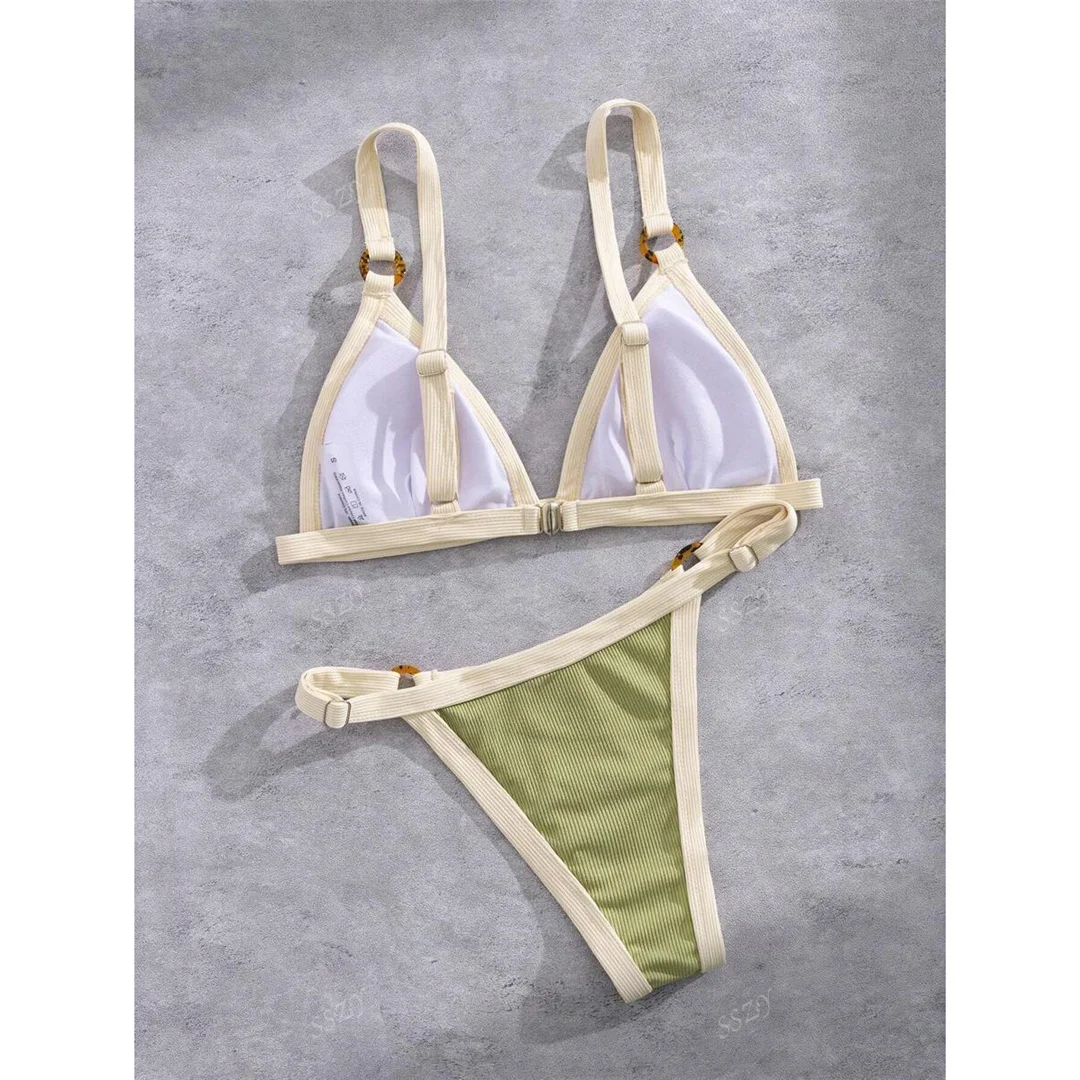 Gestreifter Bikini mit Riemchen, Damen-Badebekleidung, zweiteiliger Bikini-Set, hoch geschnittene Beine, gepolsterter Badeanzug, Badebekleidung, Schwimmbekleidung V7694 – Detail 9