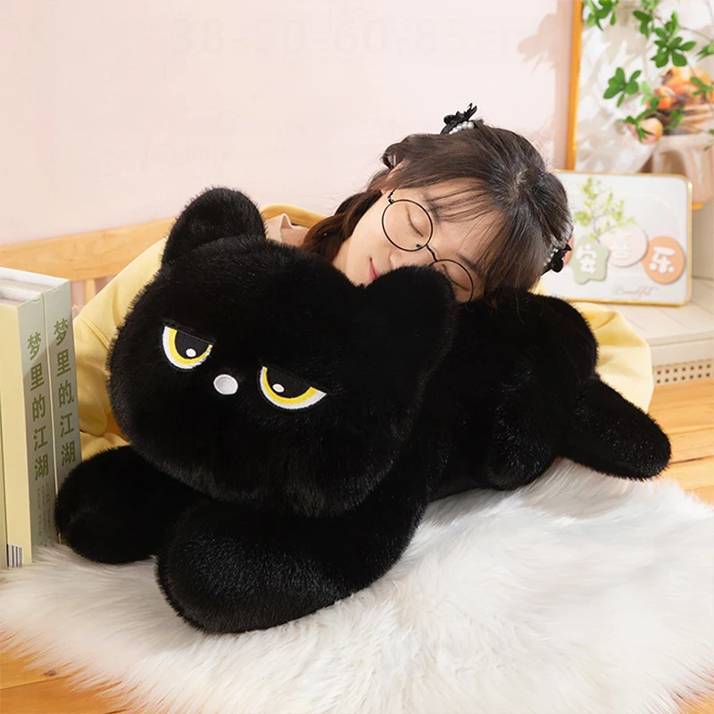 

Adorable Kawaii Black Cat Plush Toy Stuffed Doll Gray Kitten Sleeping Hugging Pillow Large Cuddly Anime Figure for Kids Birthday