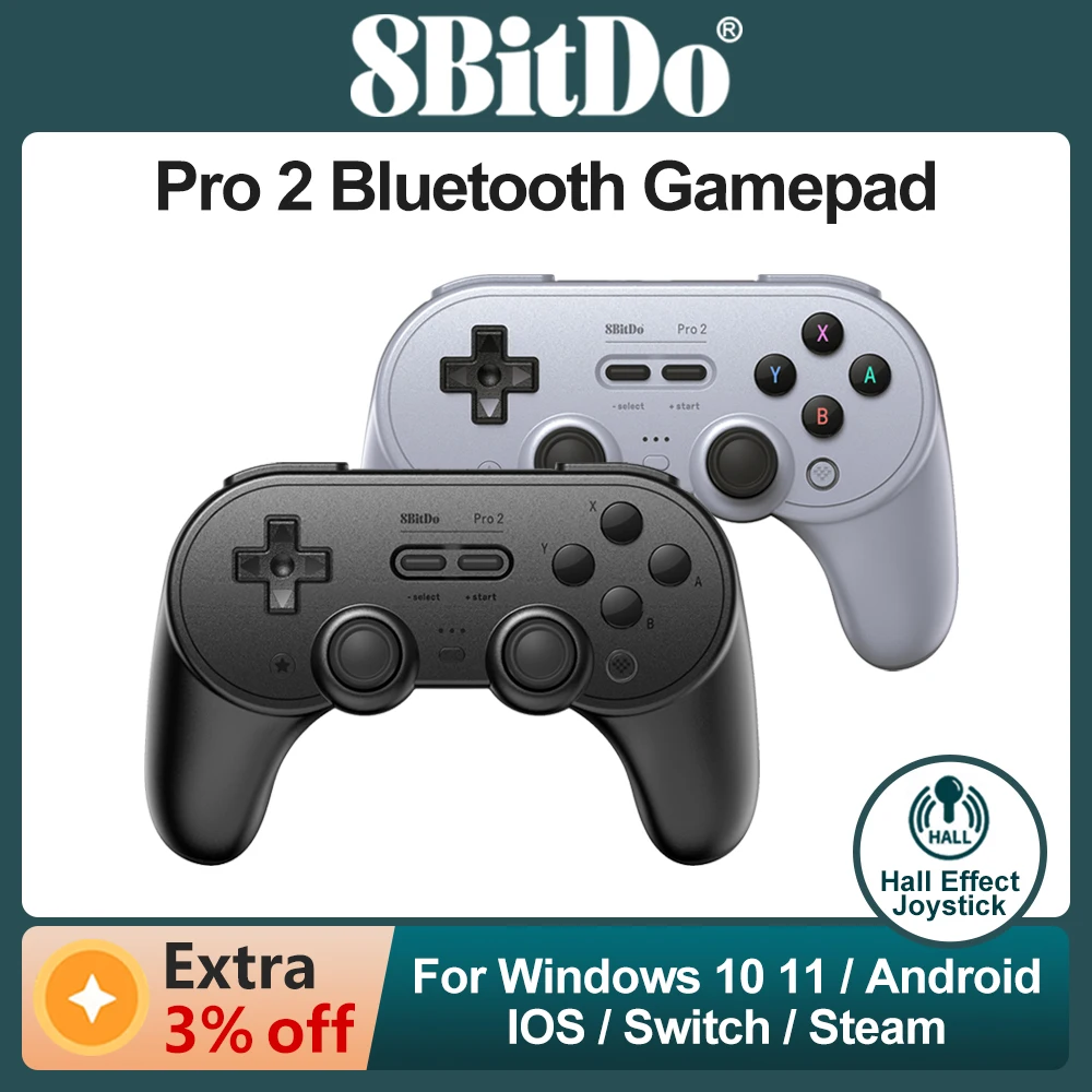 8Bitdo Pro 2 Bluetooth Gamepad Upgraded with Hall Effect Joysticks Gaming Controller for Nintendo Switch PC Windows 10 11 iOS