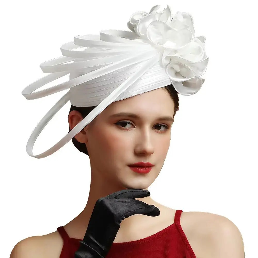 قبعة الكنيسة الساتان النسائية الفاخرة الفريدة من نوعها لحفلات الزفاف، قبعة رسمية رائعة على شكل زهرة ساحرة، إكسسوارات التصوير الفوتوغرافي